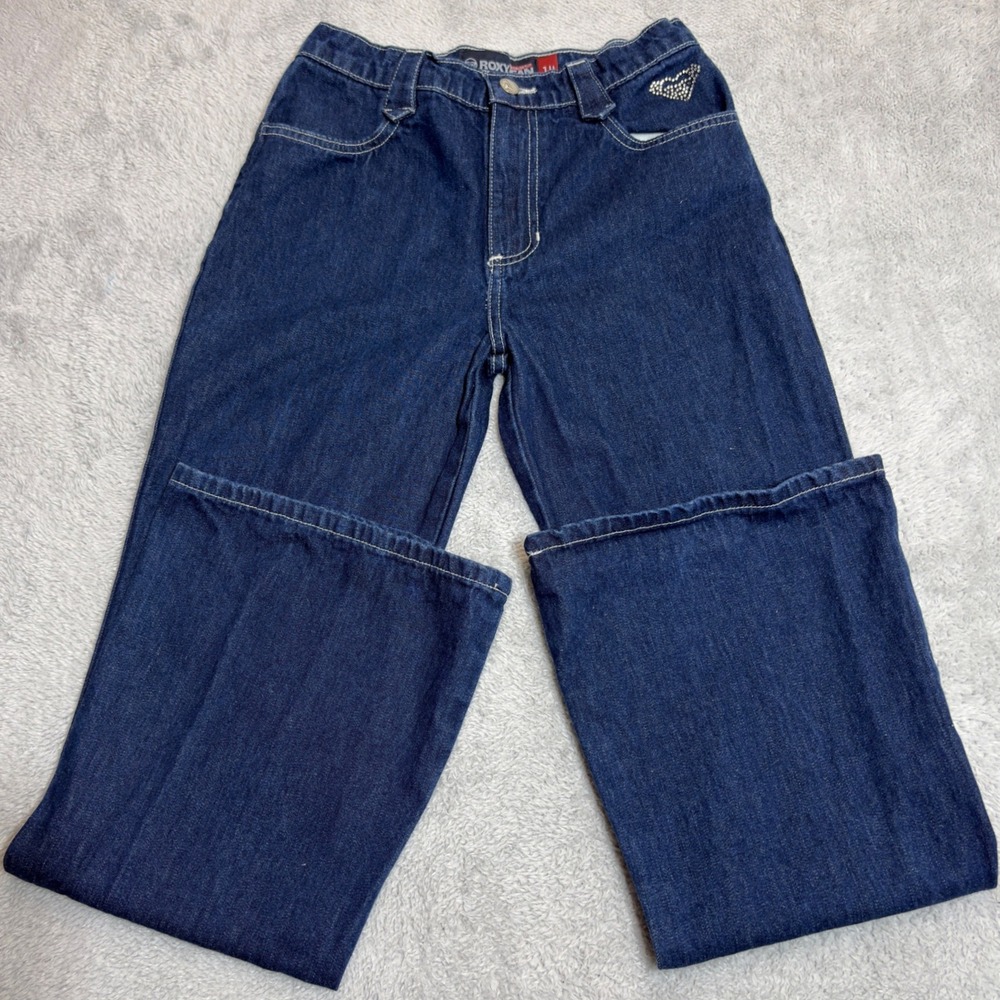 Roxy Jeans Teenie Wahine Girl Size 14 Dark Blue Flare Rhinestone Heart Denim Y2K